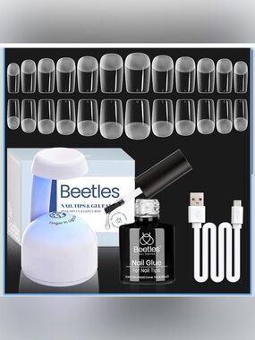 Beetles Kit w/ UV/LED Lamp, 504 Squoval Nail Tips, 9-in-1 Gel Glue & USB Cable